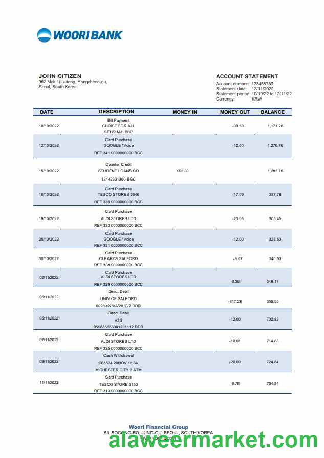 South Korea Woori bank statement